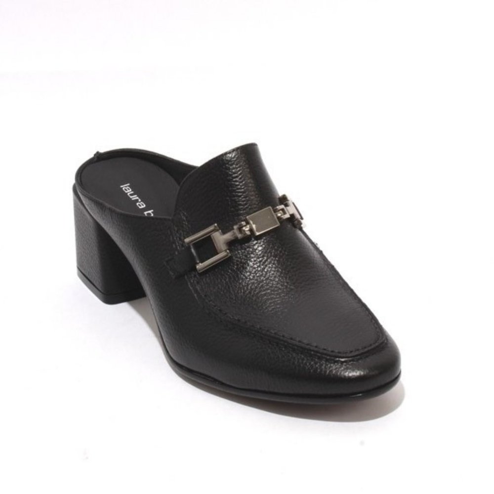 ITALIAN Black Leather Slip On Buckle Heel Mules
